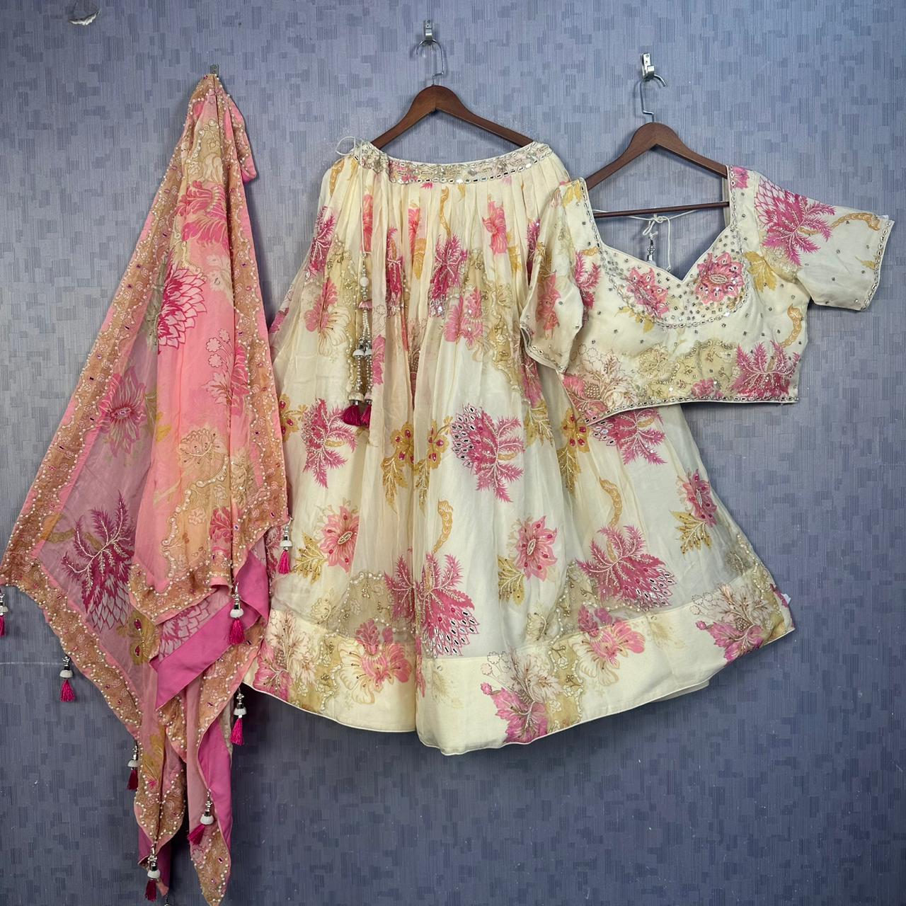 Ivory mirror & Bead work Floral Lehenga choli set